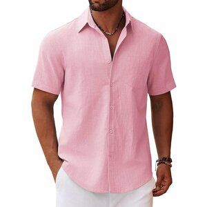 Mens Casual Pink Short Sleeve Button Up Shirt Summer Lightweight Beach Top